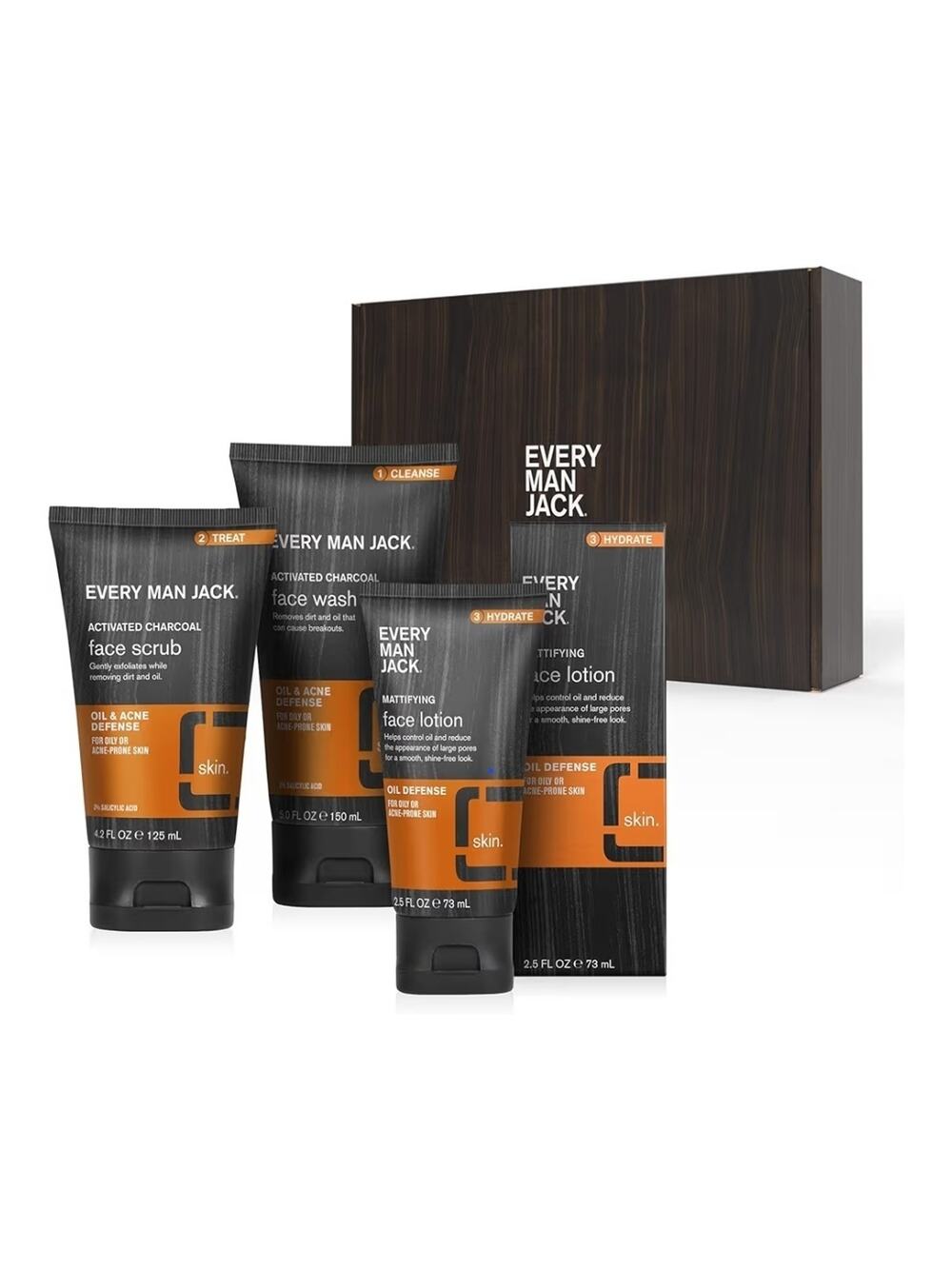 Every Man Jack Oil and Acne Defense Set, Charcoal Face Wash, Scrub, Lotion